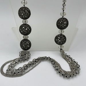 Art Deco Flapper Smoky Gray Crystal and Filigree Antique Silver Beaded Necklace